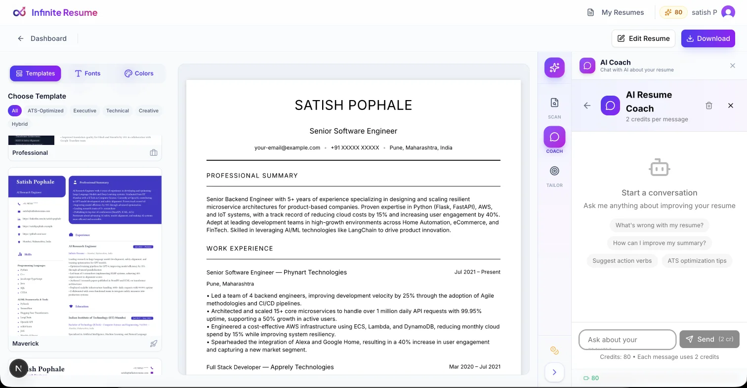 AI Chat Coach with conversation starters and resume coaching panel
