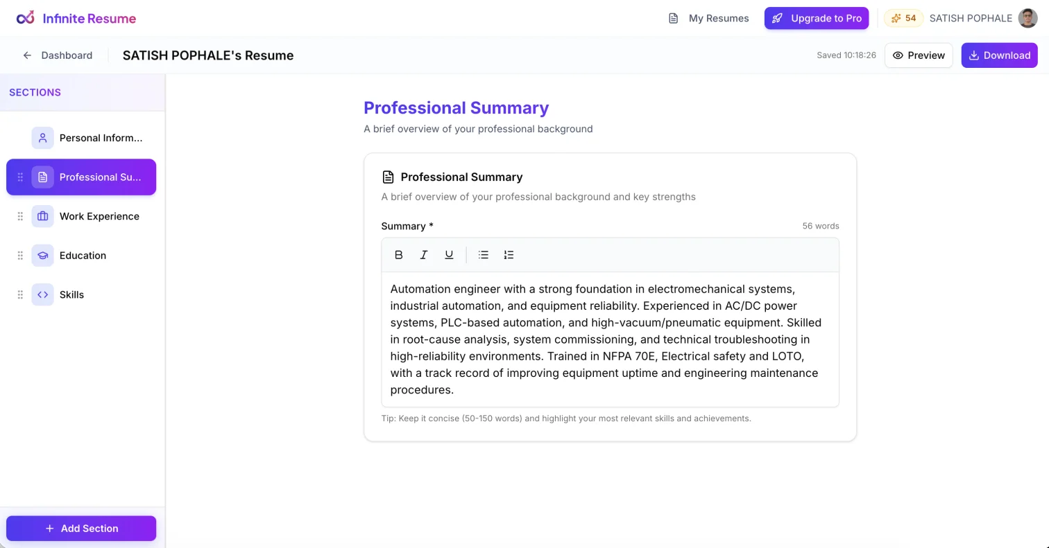 Resume editor with AI content writing suggestions