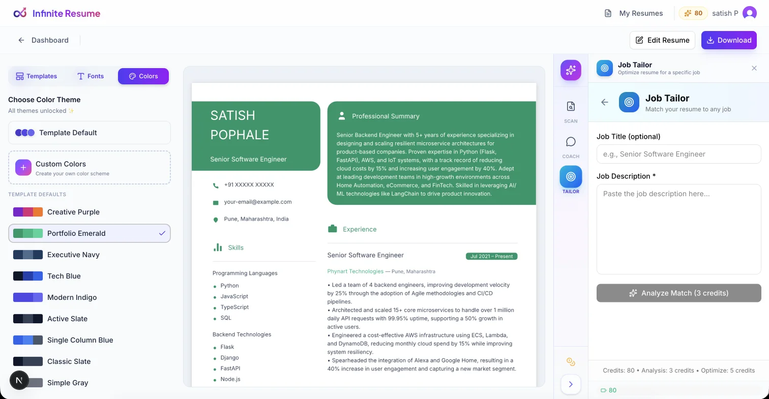Job Tailor panel with job description input and match analysis