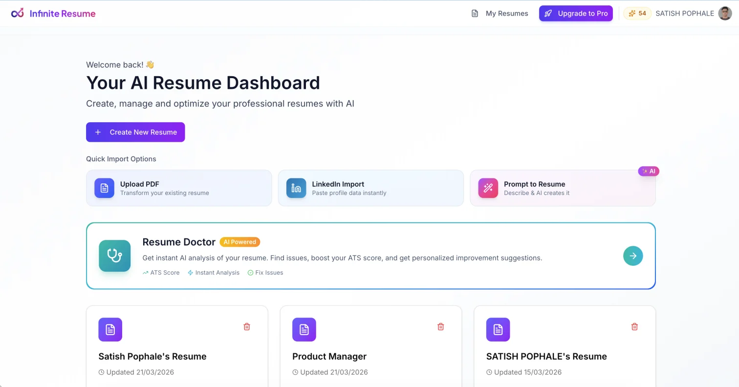 AI Resume Dashboard with quick import options, Resume Doctor, and resume cards